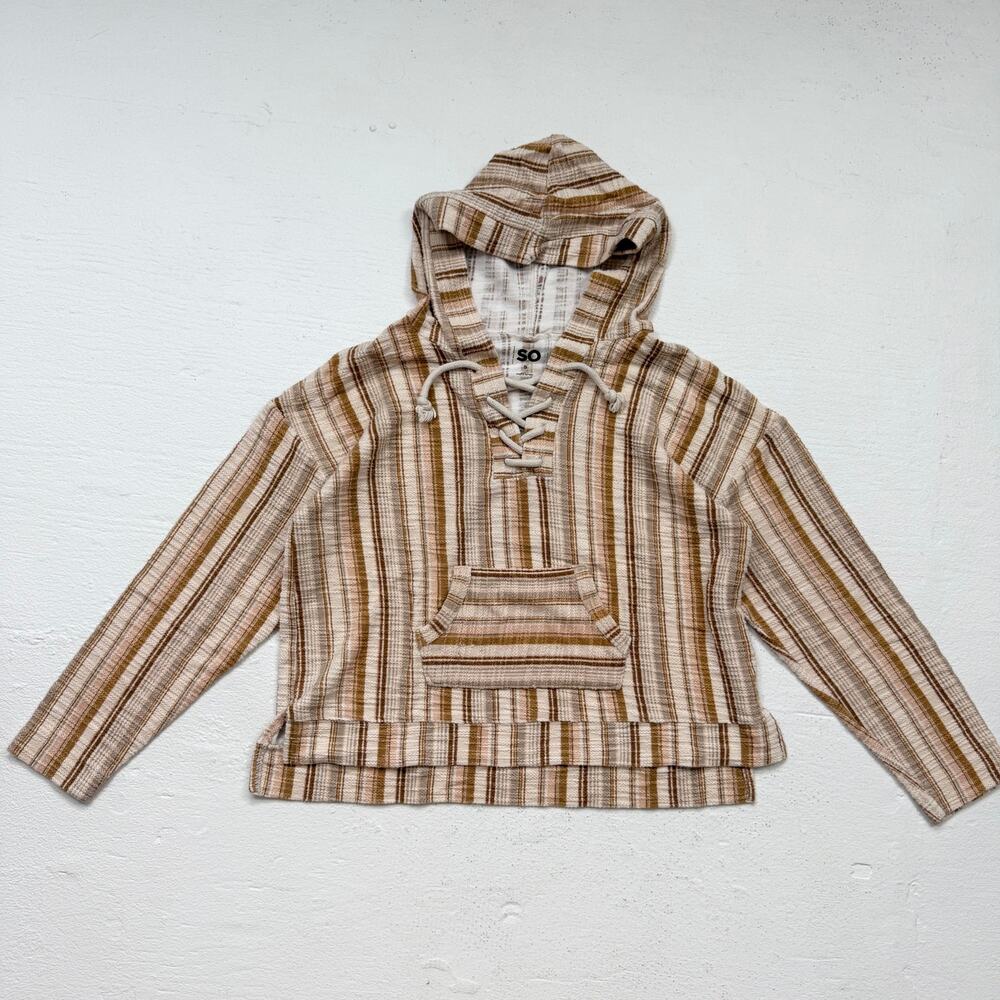 So Striped Baja Hoodie Lace Up Front Kangaroo Pocket Soft Sweatshirt Size S